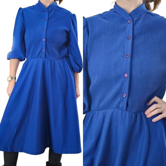 Large Casual Royal Blue Popover Midi Dress‎ Fit N Flare  Ribbed Mockneck Simple - Picture 1 of 10